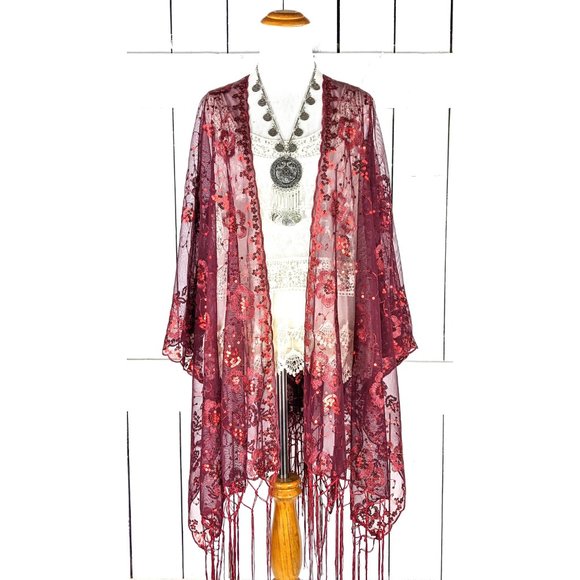 Red sheer net sequin floral kimono cover up fringe  jacket - Picture 2 of 5